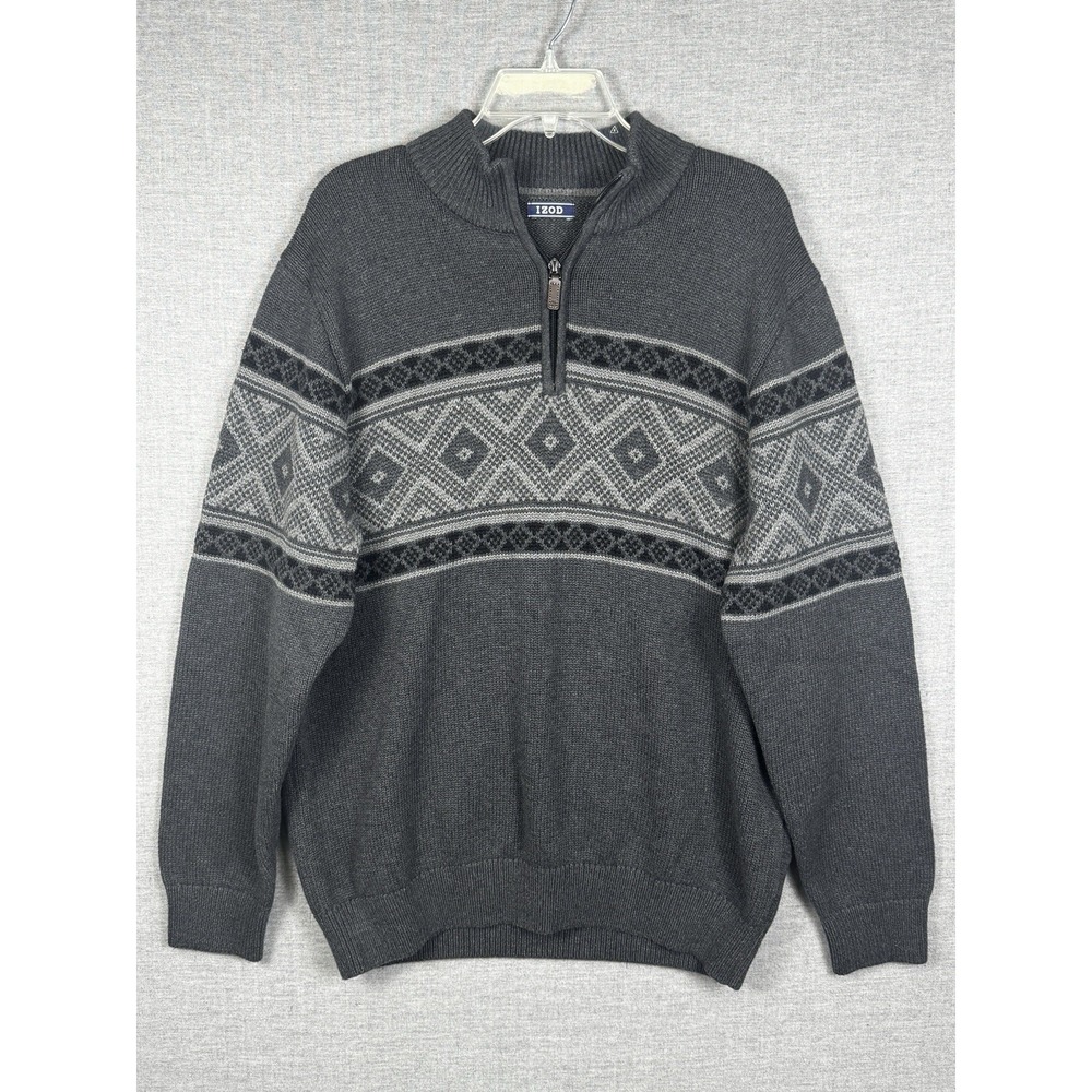 IZOD Fair‎ Isle Nordic Sweater Gray Black Chunky Knit 1/4 Zip Mock Neck Mens XL